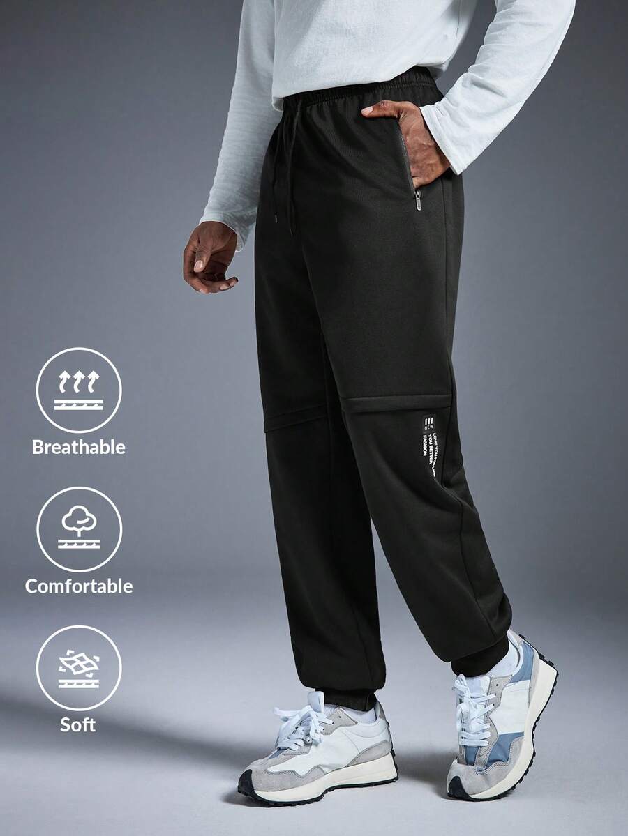 Driftmere 1 Pair Of Men's Casual Sports Pants, Slim-Fit And(Can Be Translated As "Cuffed" Or "Tapered At The Ankle" Depending On The Style; Here It's Kept As For Accuracy But "Cuffed" Is A Common Equivalent) Style, Suitable For Wearing At Home And Outdoor Activities, Can Be Used As A Couple's Gift. Made Of 100% Polyester Fiber, With A Drawstring Waistband For Easy Adjustment, And Available In Multiple Colors. Spring To Summer - Black - View 1