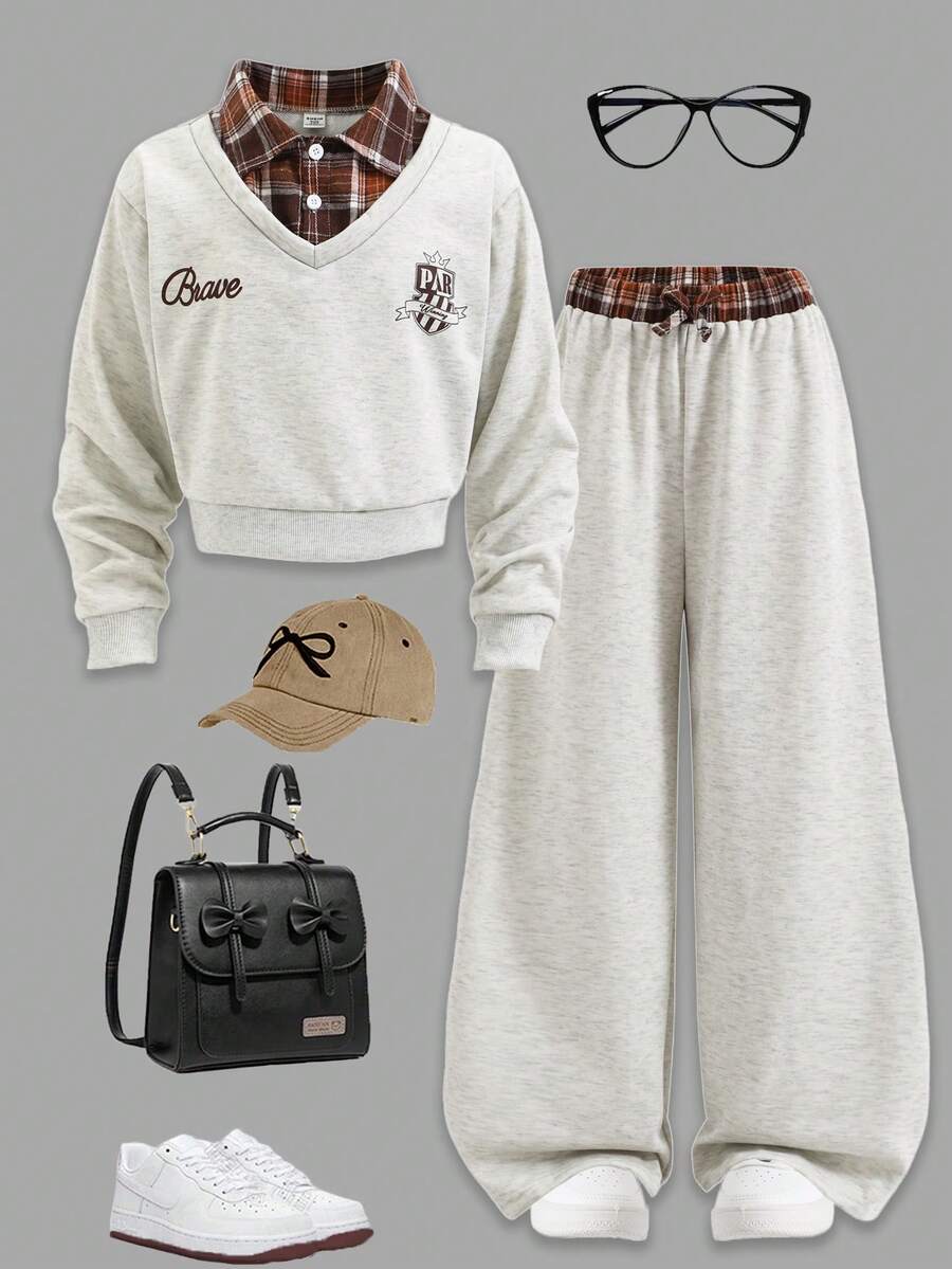 SHEIN ChillGRL Set de 2 piezas de ropa informal de moda para niñas preadolescentes, para otoño/invierno - Diseño suelto de camisa de cuello con parches de cuadros marrones en contraste de color 2 en 1 con sudadera corta de cuello en V, combinado con pantalones anchos de pierna ancha con parches de color en contraste, adecuado para uso diario, escuela, viajes, casual, vacaciones, reuniones con hermanas, fotografía callejera en otoño/invierno - Gris - Ver 1