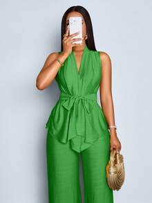 SOLERSUN 女士两件套纯色亚麻质感系带V领无袖上衣和阔腿裤套装 - 綠色 - 查看 1