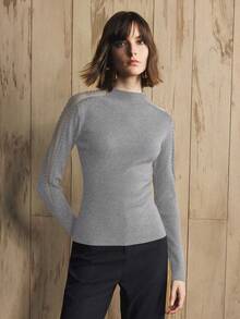 Revavyn Revavyn Women's Slim Fit Turtleneck Sweater With Shoulder Mesh Cutout And Pearl Beaded Design, Suitable For Daily Commute New Year - Dark Grey - View 4