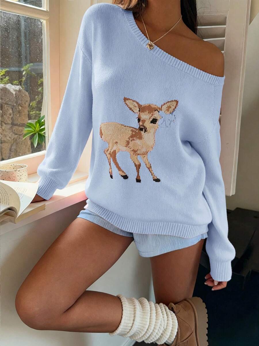 CovetEZ 女士休闲落肩鹿纹毛衣，蓝色 - 藍色 - 查看 1