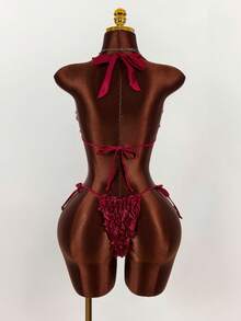 Amplova 女士3D立体花卉泳衣套装，性感优雅，适合情人节，挂脖可调节比基尼套装，时尚百搭 - 酒紅色 - 查看 9