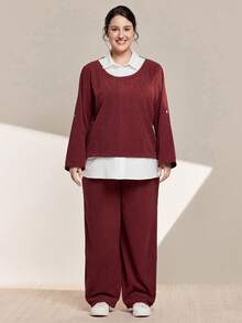 Momelise Women's Plus Size 2-Piece Set,Patchwork Shirt Collar,Loose Chinese Style Vacation Outfit,Navy And White,Autumn,Smart Casual,Everyday Fashion Clothing - Red - View 3