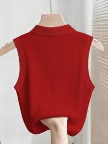 SHEIN Franclia 女士时尚优雅无袖七分扣休闲背心 - 紅色 - 查看 2