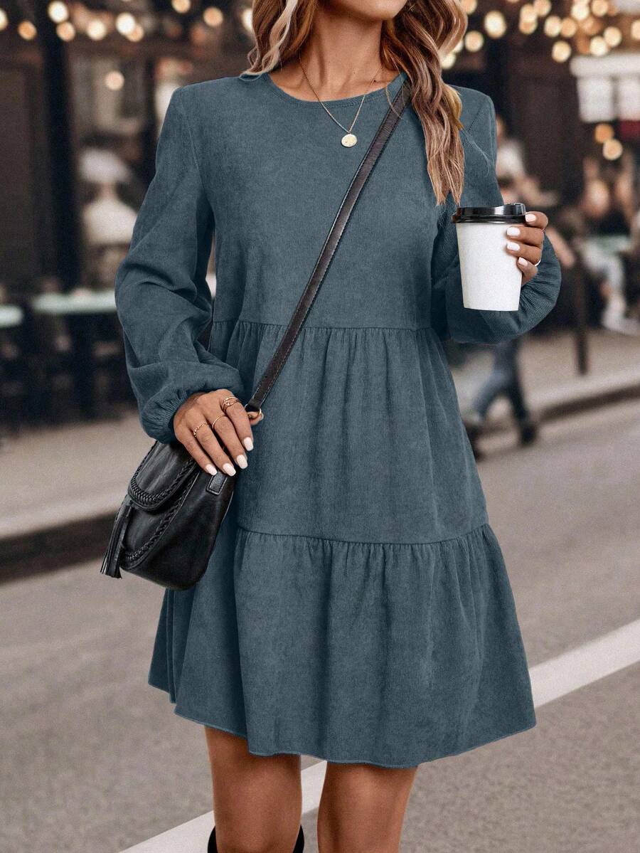 EMERY ROSE Đầm dài tay cổ tròn tối giản màu trơn dành cho nữ - Màu xanh lam - Xem 1