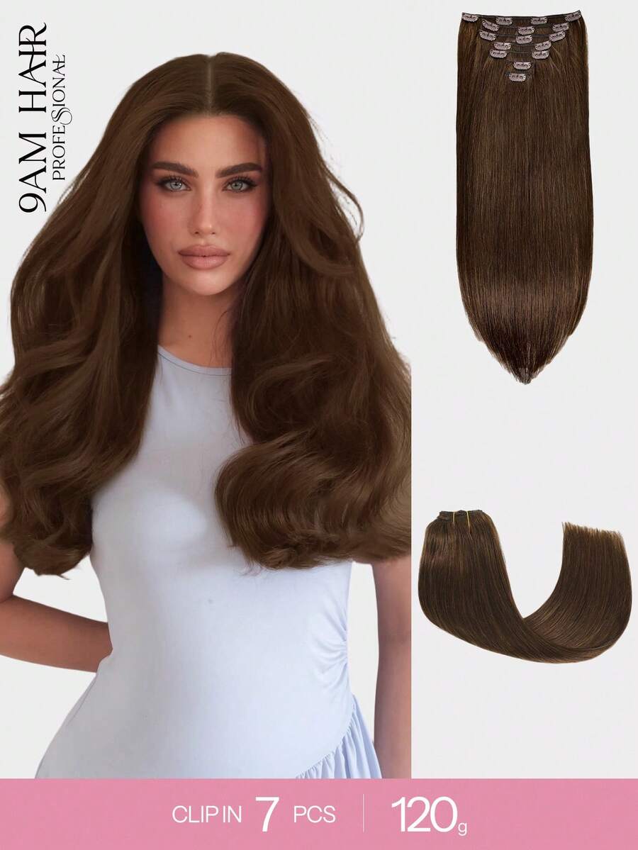 Extensiones de cabello humano con clip, cabello brasileño liso, color marrón oscuro, extensiones con clip Remy de 14 a 20 pulgadas para mujeres - S2 - Ver 1