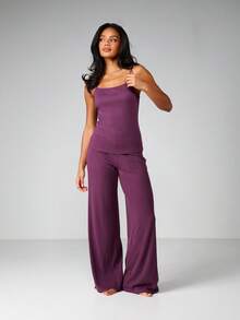 MISSGUIDED Ribbed Knit Wide Leg Pajama Lounge Pants High Rise Elastic Waist Sleep Bottoms Comfortable Relaxed Fit Sleepwear Trousers - Burgundy - View 4