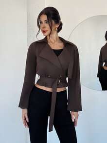 Firerie Women's Elegant Casual Commuter Fashion Street Casual Coffee Brown Solid Suede Long Sleeve Ladies Trench Coat With Belt, Short Sleeve Trench Coat, Spring Autumn Winter , Commuter, Elegant, Casual, Work - Brown - View 8