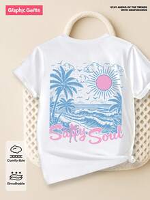 Tween Girls Salty Soul 海浪与蝴蝶结印花圆领短袖白色 T 恤，度假时穿，可爱 - 白色 - 查看 6