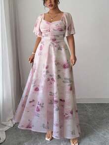 Modelyn 女士雪纺印花蝙蝠袖褶皱甜美法式夏季连衣裙 - 彩色 - 查看 4