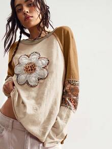 Bohemela 秋冬波西米亚风度假休闲拼接长袖宽松水洗女式印花T恤 - 杏色 - 查看 4