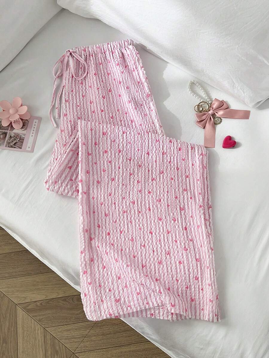 Elamini 女士夏季新款，粉色条纹爱心印花休闲弹力腰裤，日常穿着和约会皆宜，情人节也适合。 - 粉色 - 查看 1