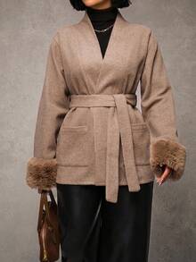 EURMUSE Abrigo de lana y mezcla con cinturón en color visón, con puños de piel sintética, bolsillos grandes, cuello de chal y estilo de ropa de abrigo de invierno para mujer - Café integral - Ver 11