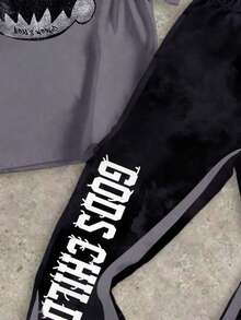 SHEIN 2 pièces/Set Ado Garçon Décontracté Imprimé Graffiti Étoile et Lettre Graphique T-shirt à Manches Courtes et Pantalon de Survêtement Évasé, Style Streetwear, Convient pour le Printemps/Été - Multicolore - Voir 6