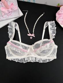 PetitDoll White Heart Mesh Patchwork Ruffle Strap Design Women's Bra - White - View 1