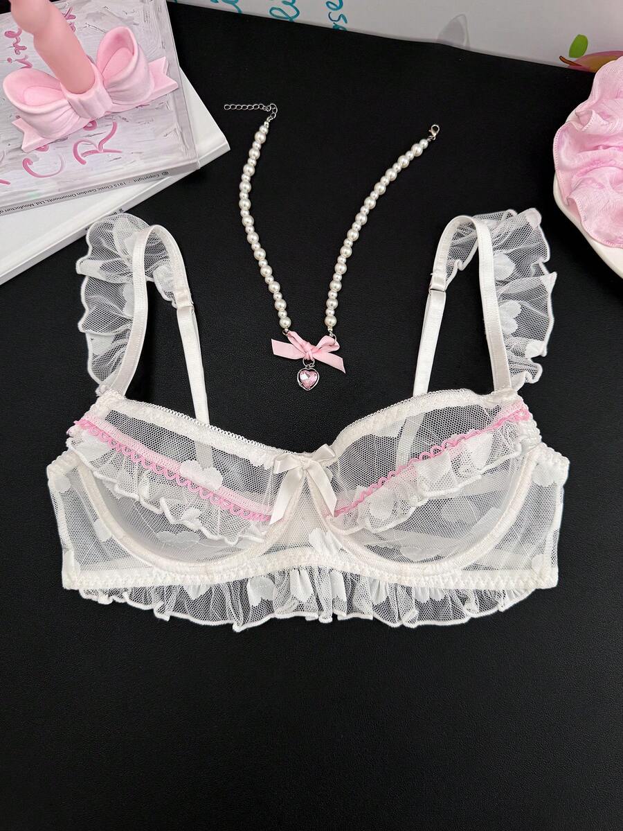 PetitDoll White Heart Mesh Patchwork Ruffle Strap Design Women's Bra - White - View 1