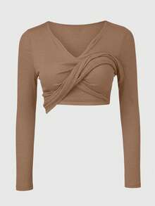 INAWLY Top décontracté à manches longues avec col en V et froncé, avec soutien-gorge intégré pour femmes, couleur unie - Kaki - Voir 5