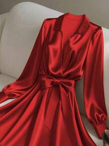 Franclia Đầm midi thắt nơ cổ chữ V sâu thanh lịch dành cho nữ - Đỏ - Xem 3