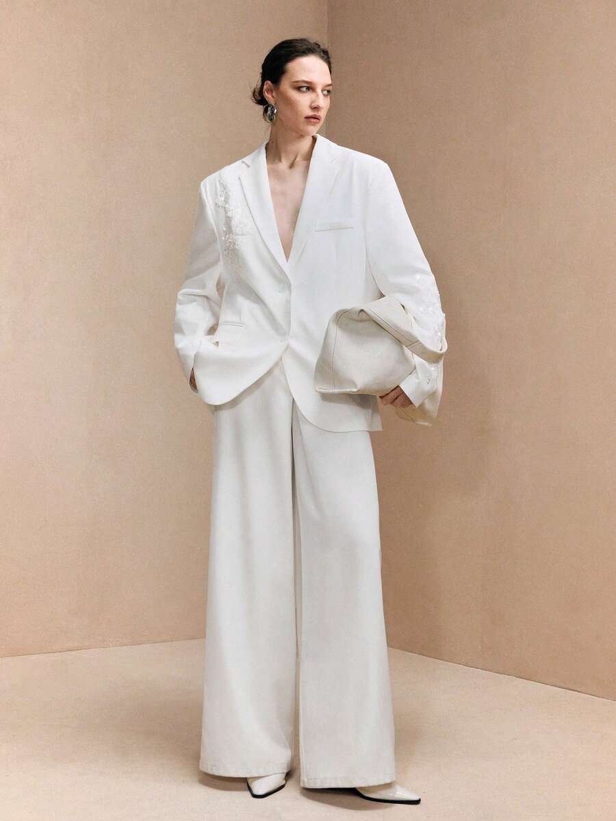 Arave 女士斜纹布翻领宽松长袖花卉拼接设计西装外套，适合日常通勤 - 白色 - 查看 1