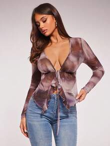 Radiana Women's Sexy & Elegant Purple Mesh Tie-Dye Print Long Sleeve Ruffle Trim Tie Front Casual Blouse, Spring - Multicolor - View 5