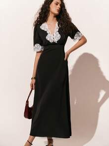 Poéselle Women's Color Block Lace Patchwork V-Neck Raglan Sleeve Waist Cinched Long Dress,Black Lace Trim Maxi Dress - Puff Sleeve Elegant Evening Outfit For  Parties,Summer Dress, Women S Western Dress, Black Dresses For Women Summer, Black Western Dress, French Style Dress - Black and White - View 6