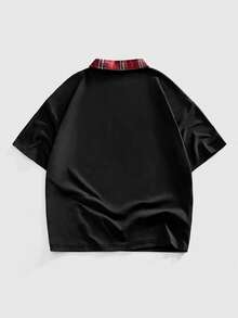 ROMWE MEN Street Life Men's Casual Polo Patchwork T-Shirt - Black - View 9