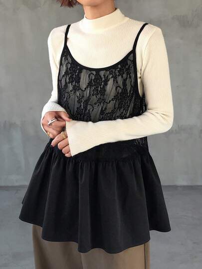 FRIFUL Women's Spaghetti Strap Lace Sleeveless Ruffle Hem Sheer Dress