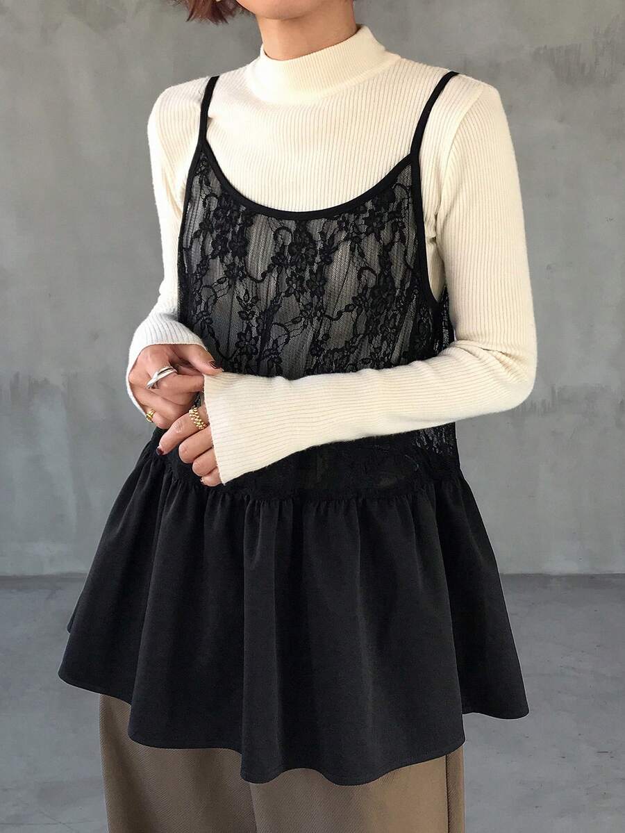 FRIFUL Women's Spaghetti Strap Lace Sleeveless Ruffle Hem Sheer Dress