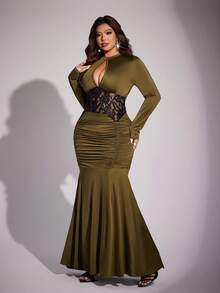 Viva Relle Robe moulante mini à manches longues en dentelle ajourée, coupe slim, rouge, convient pour les fêtes de Noël - Vert - Voir 5