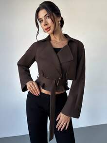 Firerie Women's Elegant Casual Commuter Fashion Street Casual Coffee Brown Solid Suede Long Sleeve Ladies Trench Coat With Belt, Short Sleeve Trench Coat, Spring Autumn Winter , Commuter, Elegant, Casual, Work - Brown - View 9