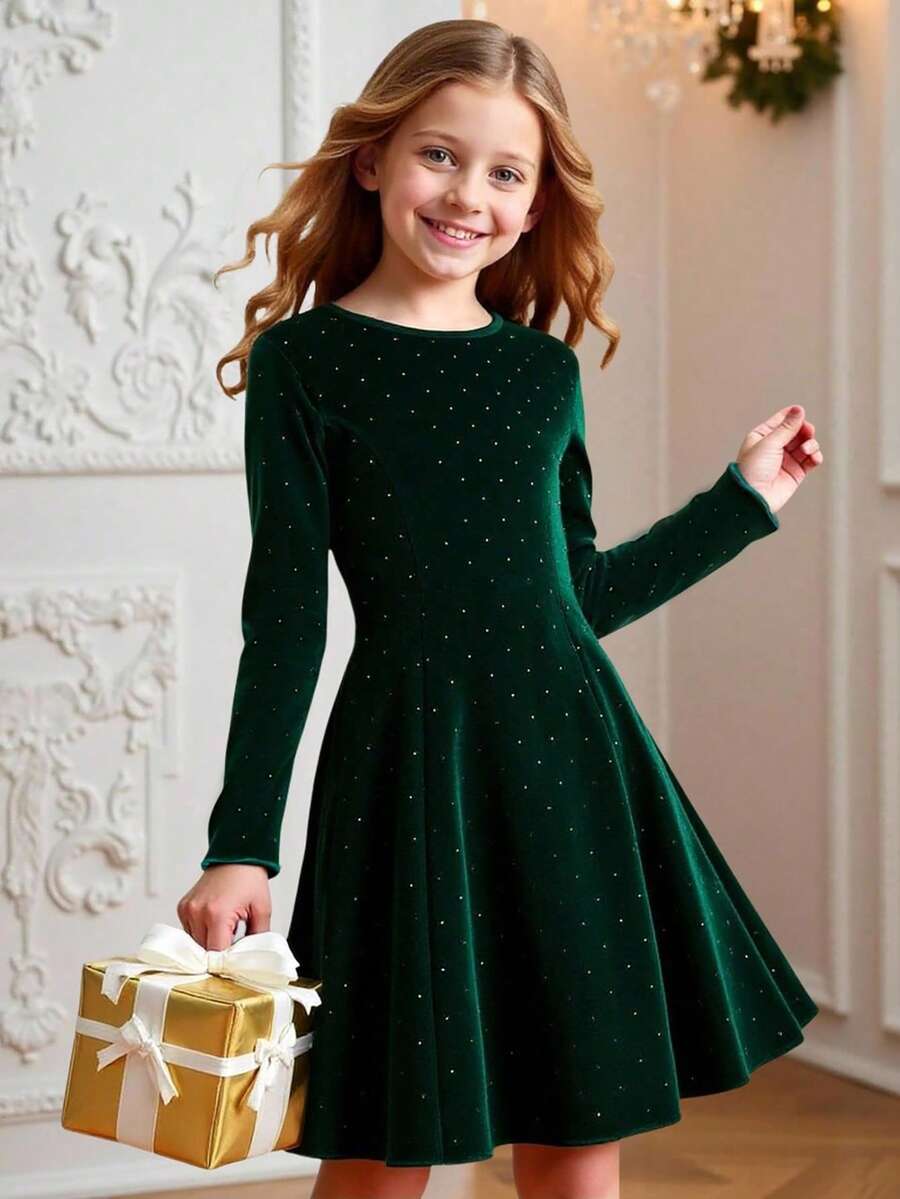 Sparklyn Tween Girls' Fashionable Minimalist Rhinestone Embellished Casual Everyday Dress, Christmas - Green - View 1