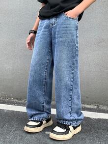 青少年男孩时尚休闲 Y2K 复古酷炫街头基础款简约舒适蓝色牛仔宽松牛仔裤，适合日常穿着、春夏锐舞节和街头服饰。 - 藍色 - 查看 8