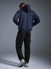 男士休闲连帽半拉链卫衣和工装裤套装，时尚户外套装，适合春夏季节穿着 - 藏蓝色 - 查看 2