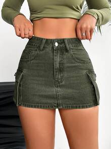 SHEIN PETITE 女士夏季时尚翻盖口袋修身牛仔迷你裙 - 軍綠色 - 查看 6