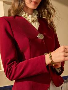 Bóhologie Áo khoác blazer Burgundy ôm eo có nút vàng - Màu Đỏ Sâu - Xem 6