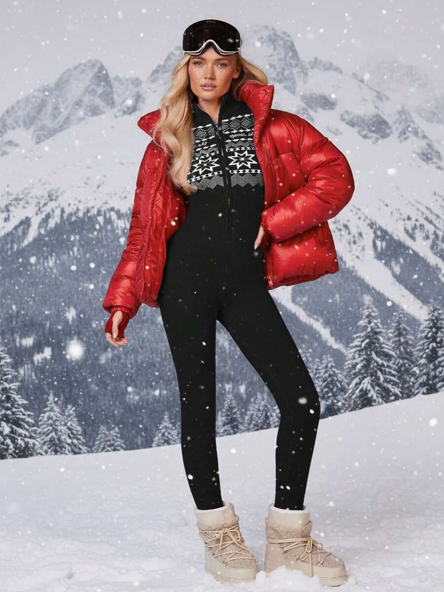 Athîral Women's Casual Geometric Pattern Zip-Up Fitted Jumpsuit, Autumn/Winter