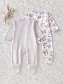 2pcs/Set Newborn Long Sleeve Romper, Cute Elephant & Rhinoceros Print And Embroidery, Soft Fleece And Regular Fabric Combination, Comfortable Outfit For Infant Everyday Wear - Mauve Purple - View 2