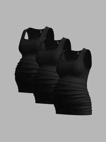 Modmama Bộ 3 áo ba lỗ trơn màu cho bà bầu, đơn giản và thoải mái, hoàn hảo cho mùa hè - màu đen - Xem 3