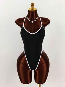 Amplova Traje de baño de una pieza con recortes en contraste negro y blanco, sin espalda, atuendo sexy para vacaciones y el Día de San Valentín - Multicolor - Ver 8