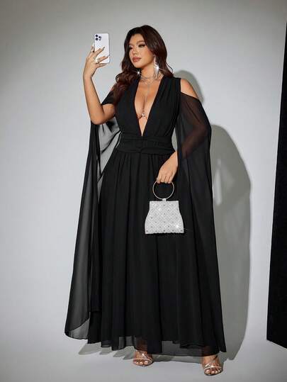Viva Relle Plus Size Women's Sexy Deep V-Neck Sheer Mesh Cape Sleeve Cinched Waist Party Dress