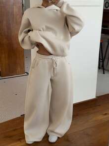 SHEIN EZwear 女士秋冬保暖连帽衫和宽松运动裤两件套，舒适家居两件套，休闲两件套，米色两件套，舒适两件套 - 杏色 - 查看 5