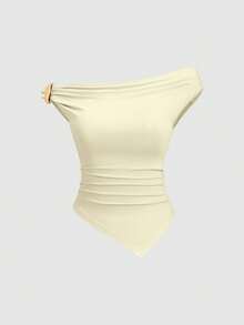 Sweetra 女士夏季欧美时尚纯色三件套，金属装饰扭结下摆不对称下摆修身休闲通勤百搭T恤 - 彩色 - 查看 4