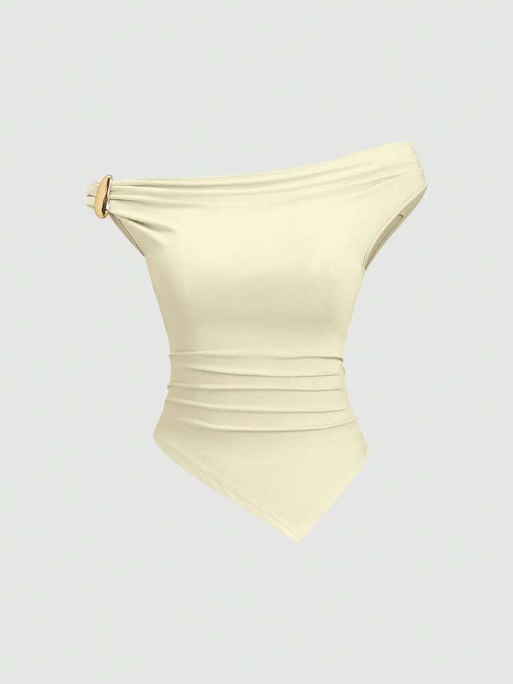 Sweetra Conjunto de 3 piezas de moda europea y americana para mujer en unicolor, con decoración metálica, dobladillo retorcido y dobladillo asimétrico, camiseta casual y versátil para uso diario - Multicolor - Añade 4