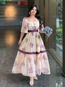 DAZY 女士优雅撞色蕾丝花卉中长连衣裙，夏季度假连衣裙 - 紫色 - 查看 7