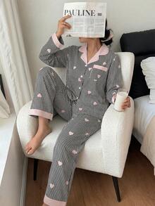 SHEIN 加大码撞色领荷叶边爱心条纹长袖睡衣套装 - 黑與白 - 查看 3