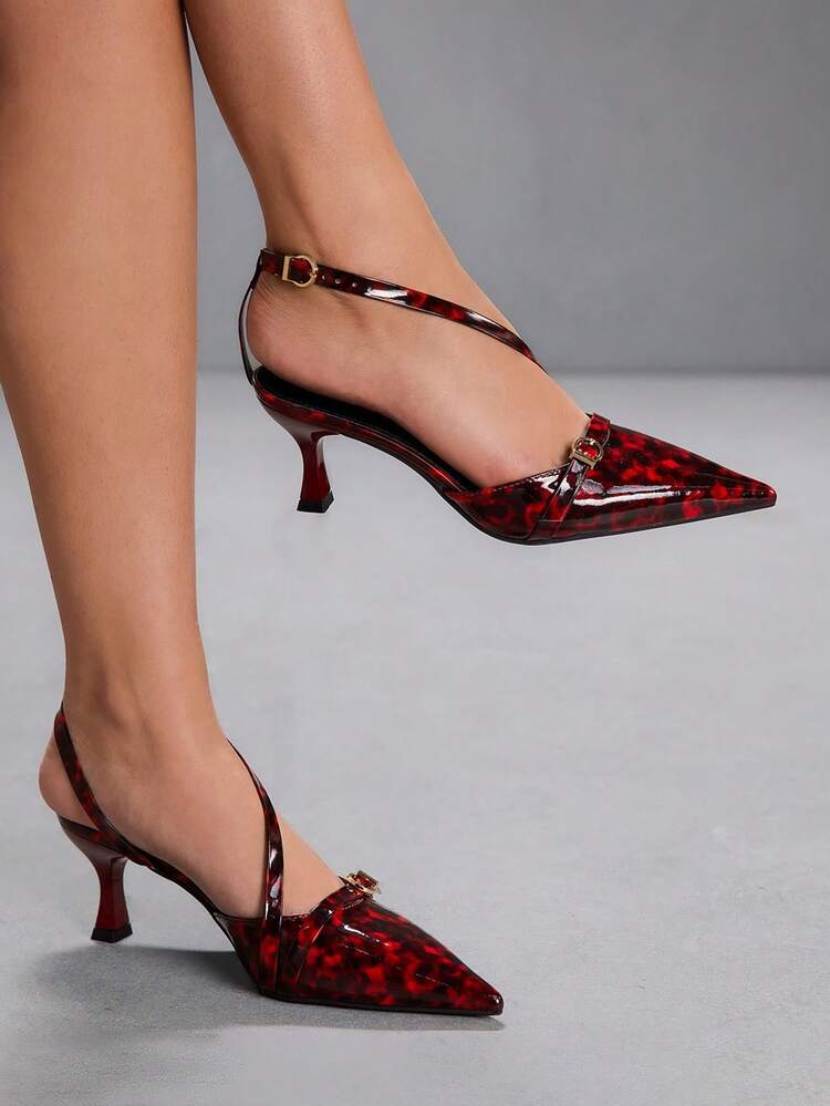CUCCOO SZL Women's Buckle Design Everyday Versatile Fashion High Heel Shoes, Red Amber