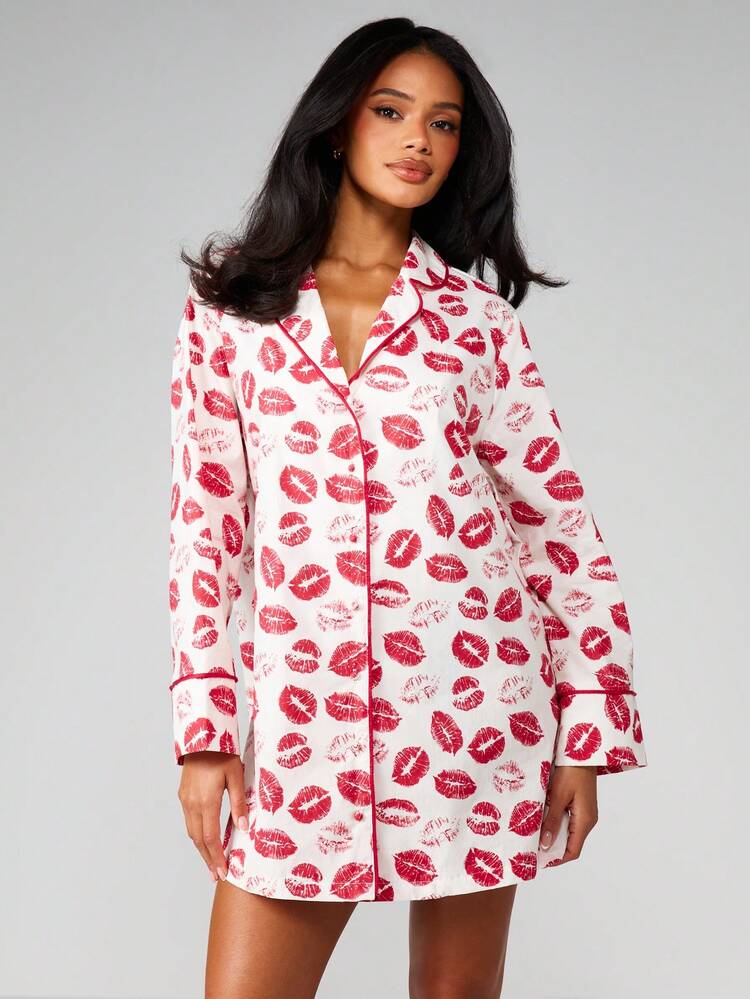 MISSGUIDED Kiss Print Woven Night Sleep Shirt Dress Long Sleeve Collared Button Front Mini Sleepwear