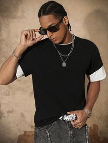 PAVTROS Áo thun nam tay ngắn phối màu, kiểu dáng rộng rãi, thoải mái, phong cách bạn trai, mùa hè, kỳ nghỉ, Y2K, retro, bạn bè, áo thun cổ tròn tay ngắn phối màu đen trắng 2 trong 1. - Đen và trắng - Xem 4