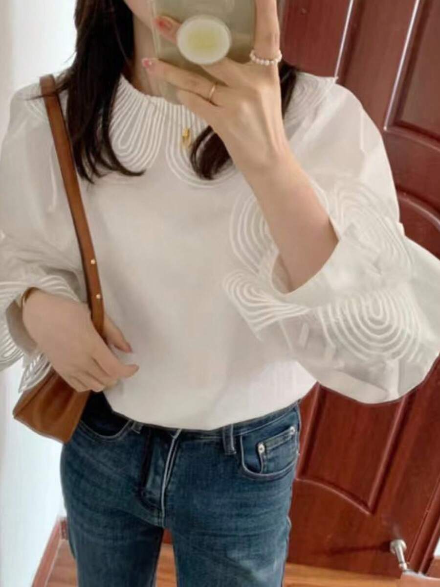 INAWLY Women's Casual Flare Sleeve Loose Dolly Collar Blouse - White - View 1