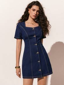 Poéselle New Women's Denim Dress, Retro And Stylish Button-Waist Denim Midi Dress, Short Sleeves, Dark Blue Denim Dress, Elegant Party Dress, Women's Summer Dress, Spring Break Outfit, Women's Party Dress. - Dark Wash - View 3
